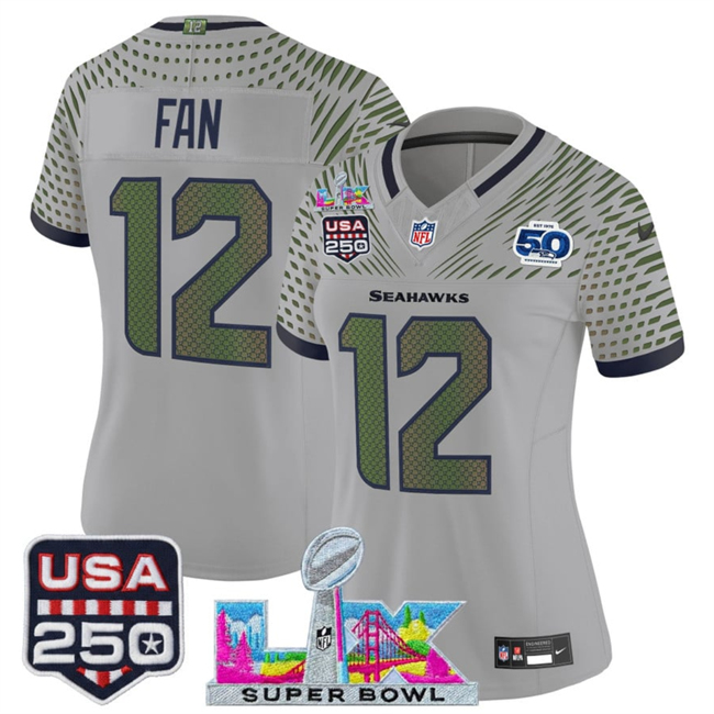 Women's Seattle Seahawks #12 Fan Gray 2025 F.U.S.E. Super Bowl LX & US 250th anniversary Patch And 50th Season Patch “Rivalries” Vapor Limited Football Stitched Jersey(Run Small)